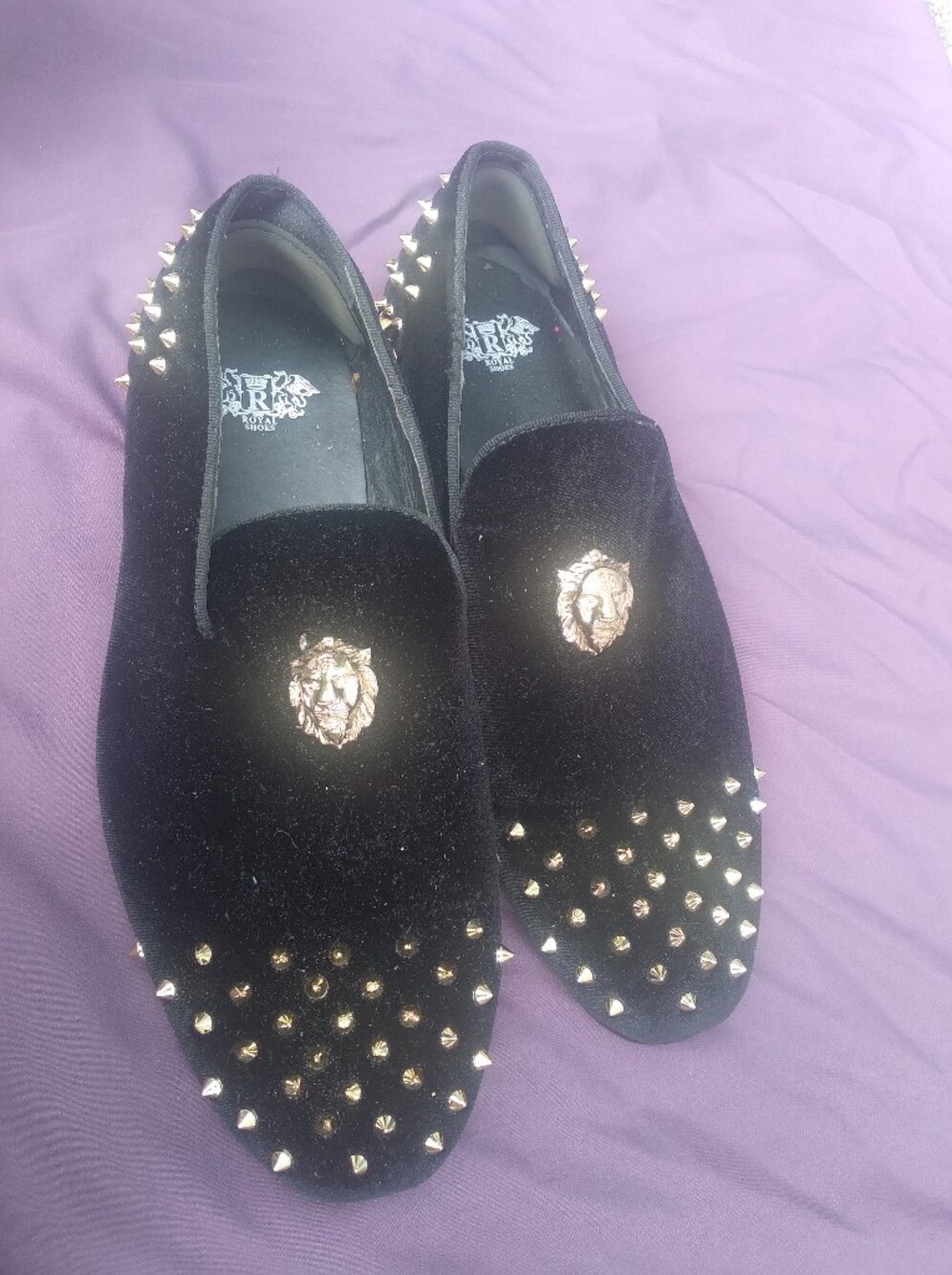 Royal Shoes Black Velvet Studded Slip-On Loafers with Gold Lion Crest